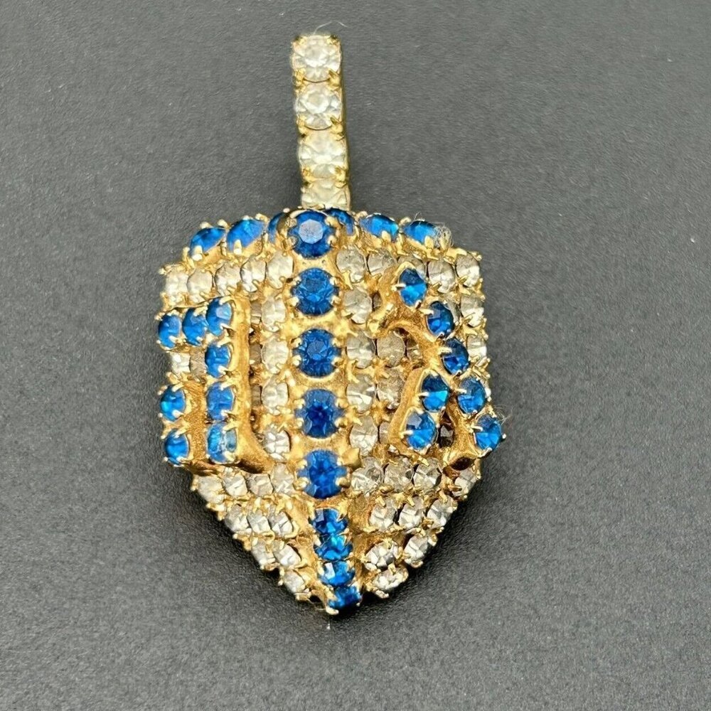 Vintage Bauer Brooch Pin Dreidel Gold Tone Clear Blue Rhinestones Bling 3D